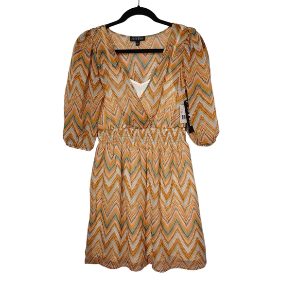 AS U WISH Colorful Chevron Stripe Print Brown Blue Smocked Dress Small NWT - Picture 5 of 11